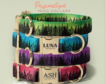 Mountain Night Dog Collar, Personalized Engraved Dog Name, Adjustable Dog Collar, For Small to Large Dogs, Quality Dog Collar, (P19)