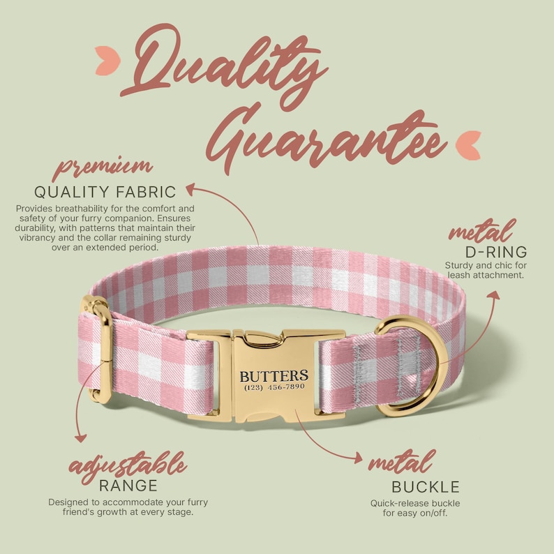 Checkered Square Dog Collar, Personalized Gift for Dog Lovers, Engraved Dog Collar, Adjustable Fabric Dog Collar, (P106) image 5