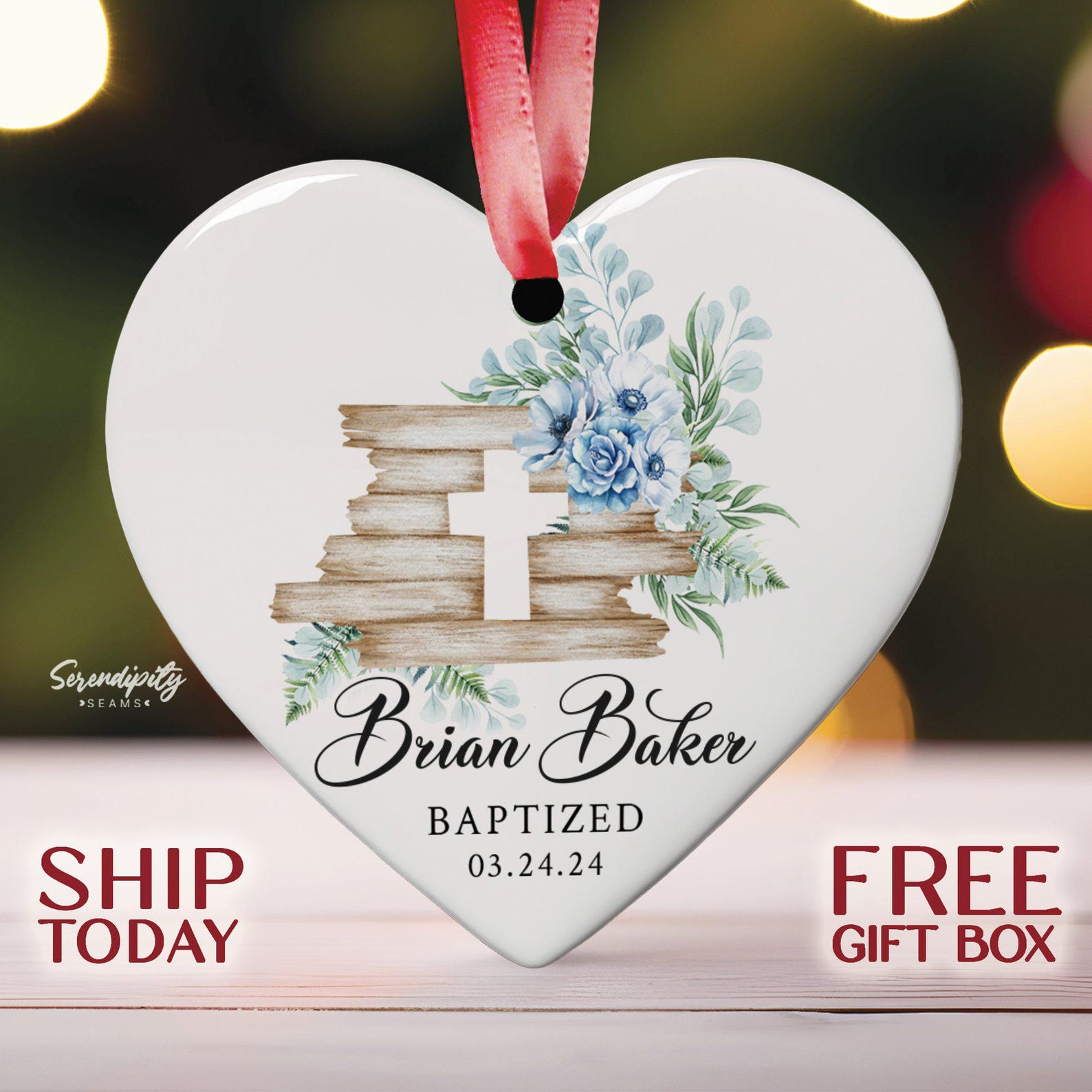 Personalized Heart Shaped Christening Ornament, Custom Baptism Ornament