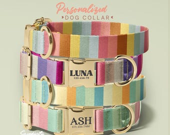 Striped Dog Collar with Name - Personalized Collars for Small Medium Large Dogs - Colorful Pet Collar - Adjustable Size (P97)