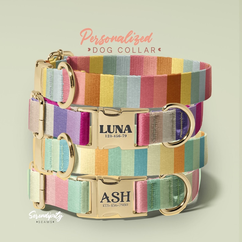 Striped Dog Collar with Name - Personalized Collars for Small Medium Large Dogs - Colorful Pet Collar - Adjustable Size (P97) image 1