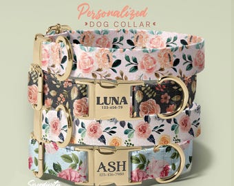 Flowers Pattern Dog Collar - Custom Pet Collars For Dogs Small Medium Large - Engraved Dog Collar With Name - Dog Collar Girl (P85)