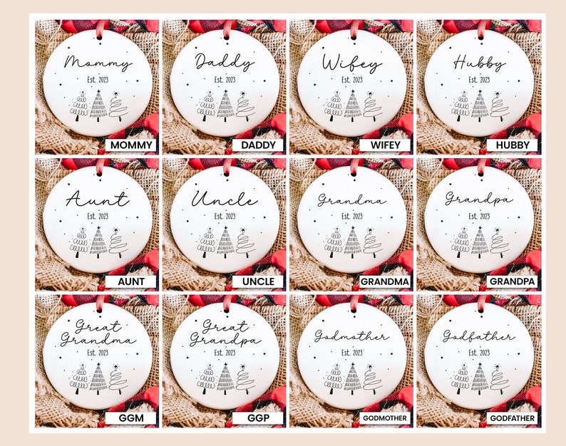 a collage of twelve personalized christmas ornaments
