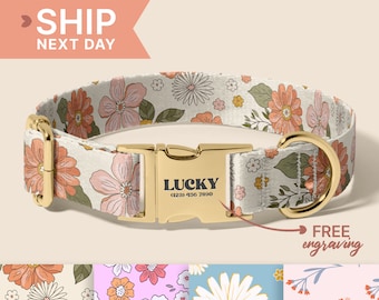 Floral Personalized Dog Collar And Leash Set,Custom Engraved Pet Name Metal Buckle, Birthday Present For Puppy, (P29)