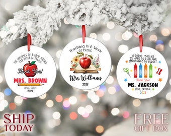 Personalized Teachers Christmas Ornaments, Custom Teacher Name Ceramic Ornaments, Customized Holiday Decor, For Teacher's Desk or Tree,