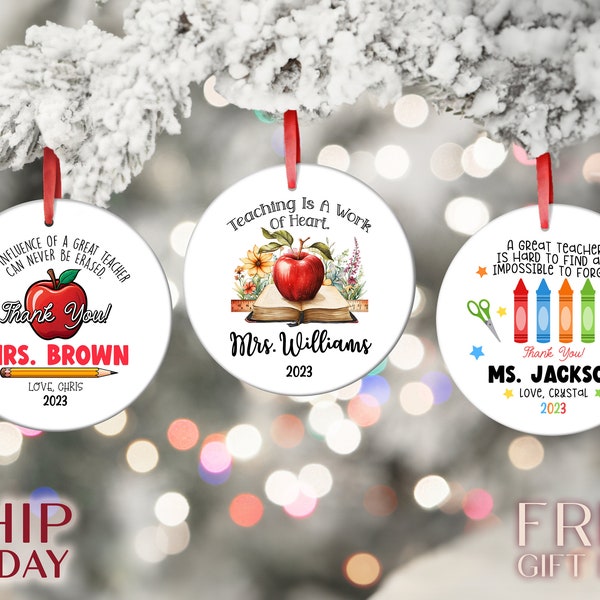 Personalized Teachers Christmas Ornaments, Custom Teacher Name Ceramic Ornaments, Customized Holiday Decor, For Teacher's Desk or Tree,