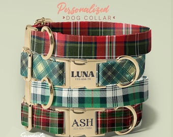 Buffalo Plaid Dog Collar, Cotton Fabric Fashion Dog Collar With Dog Name, Antique Bronze Hardware, Watercolor Style Dog Collar, (P46