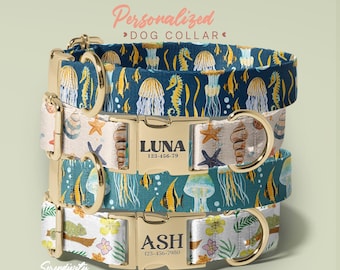 Ocean Theme Personalized Dog Collar With Name Engraving, Custom Engraved Name Dog Collars, Summer Beach Dog Collar With Name Tag(P205)