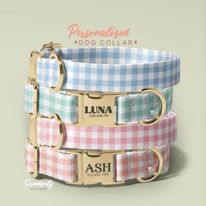 Checkered Square Dog Collar, Personalized Gift for Dog Lovers, Engraved Dog Collar, Adjustable Fabric Dog Collar, (P106) image 1