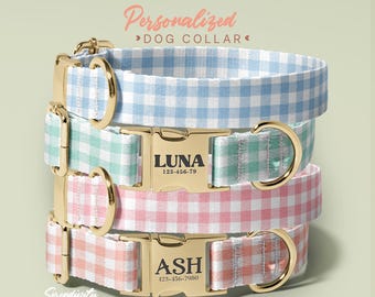 Checkered Square Dog Collar, Personalized Gift for Dog Lovers, Engraved Dog Collar, Adjustable Fabric Dog Collar, (P106)