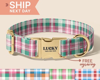 Customized Plaid Dog Collars, Engraved Name On Dog Collar, Checked Dog Collar, Collar for Small to Large Dogs, Different Combo, (P4)