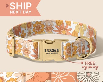 Vintage Floral Pattern Personalized Dog Collar And Leash - Trendy Dog Accessories - Dog Lover Gift - Custom Engraved Pet Name