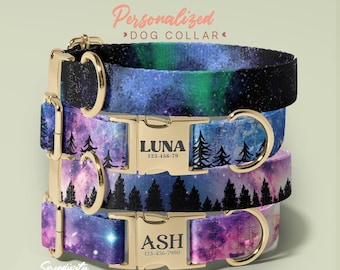 Starry Stars Personalized Dog Collar With Leash Set, Custom Engraved Pet Name Metal Buckle, Customizable Gift For Dog Lover, (P31)