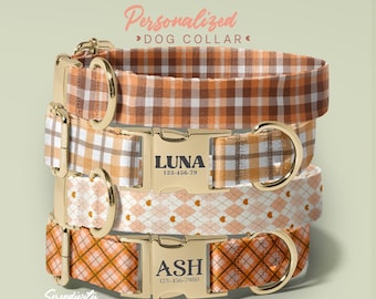 Thanksgiving Custom Engraved Name Dog Collars, Fall Plaid Personalized Dog Collar With Name Engraving, Autumn Pattern Pet Name Collar(P193)