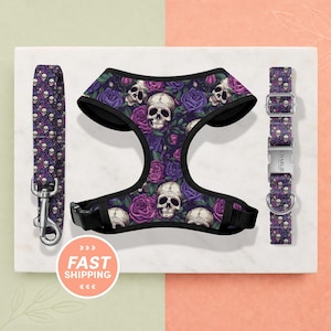 May include: A pet harness, leash, and collar set with a repeating skull and rose pattern in purple, black, and white. The harness has a black trim and buckle. The collar has a metal buckle with the name "Charlie".