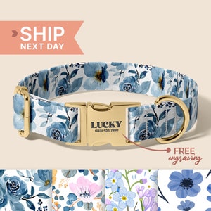 Japanese Floral Personalized Dog Collar Leash Set, Custom Engraved Pet Name Metal Buckle, Lilac Birthday Puppy Gift, (P36)