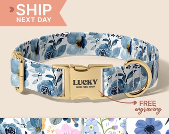 Japanese Floral Personalized Dog Collar Leash Set, Custom Engraved Pet Name Metal Buckle, Lilac Birthday Puppy Gift, (P36)