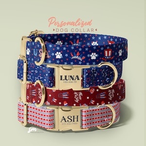 Personalized Dog Collar, Custom Engraved Dog Collar, July 4th Inspired Red, White, and Blue Design, Adjustable Size, Durable Material(P191)