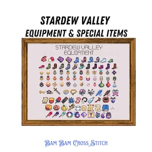Peut inclure: Un motif de point de croix encadré représentant divers objets du jeu vidéo Stardew Valley. Le motif comprend des outils, des armes, des vêtements et d'autres objets. Le titre du motif est "Stardew Valley Equipment".
