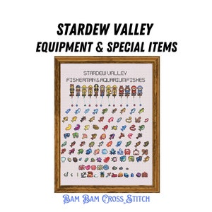 May include: A framed cross-stitch pattern featuring a variety of Stardew Valley fishing equipment and aquarium fish. The title reads "Stardew Valley Fisherman & Aquarium Fishes".
