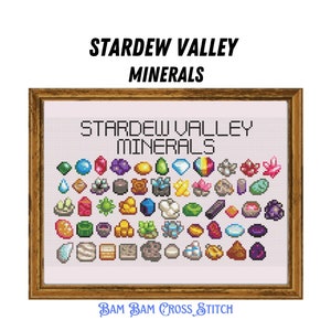 May include: A cross-stitch pattern featuring a collection of minerals from the video game Stardew Valley. The pattern includes a variety of colorful gems, ores, and other minerals. The pattern is framed in a brown wooden frame and has the text "Stardew Valley Minerals" at the top.