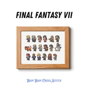 Puede incluir: Un bordado de punto de cruz enmarcado con personajes pixelados de Final Fantasy VII. La obra de arte se muestra en un marco de madera e incluye el texto "FINAL FANTASY VII" y "BAM BAM CROSS STITCH". Los personajes son de varios colores.