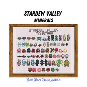 May include: A framed cross-stitch pattern featuring pixelated characters from the video game Stardew Valley. The title "Stardew Valley Monsters" is displayed at the top of the pattern. The pattern includes a variety of monsters from the game, including slimes, bats, and skeletons. The pattern is designed by Bam Bam Cross Stitch.