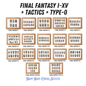 May include: A collection of framed cross-stitch artworks featuring characters from the Final Fantasy video game series. The frames are wooden, and each piece is labeled with the game title, including Final Fantasy I through XV, Tactics, and Type-0.