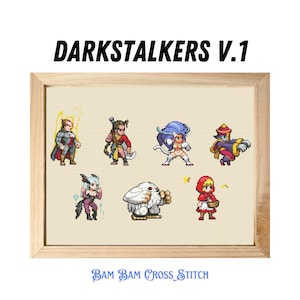 May include: Cross stitch pattern featuring characters from the video game Darkstalkers V.1. The characters are depicted in a pixelated style and include a vampire, a werewolf, a succubus, and a demon.