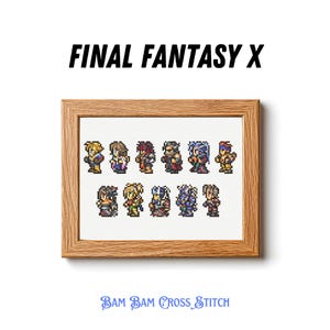May include: A framed cross-stitch featuring characters from Final Fantasy X. The artwork is in a wooden frame and includes the text "FINAL FANTASY X" above the image and "BAM BAM CROSS STITCH" below. The characters are pixelated.