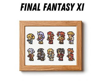 Puede incluir: Un bordado de punto de cruz enmarcado con personajes de Final Fantasy XI. La obra de arte está en un marco de madera marrón claro. El texto "FINAL FANTASY XI" está encima de la obra de arte, y "BAM BAM CROSS STITCH" está debajo.
