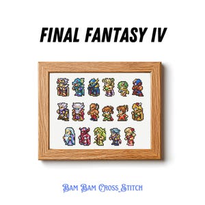 May include: A framed cross-stitch featuring pixel art characters from Final Fantasy IV. The artwork is displayed in a wooden frame and includes the text "FINAL FANTASY IV" above the image and "BAM BAM CROSS STITCH" below.