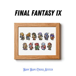 May include: A framed cross-stitch depicting characters from Final Fantasy IX. The artwork is in a wooden frame and includes the text "FINAL FANTASY IX" and "BAM BAM CROSS STITCH". The characters are in pixelated form, with various colours.