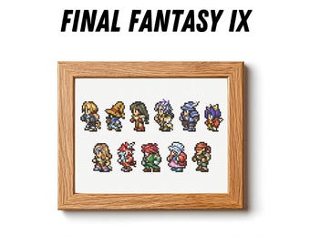 Puede incluir: Un bordado de punto de cruz enmarcado con personajes de Final Fantasy IX. La obra de arte está en un marco de madera e incluye el texto "FINAL FANTASY IX" y "BAM BAM CROSS STITCH". Los personajes están pixelados, con varios colores.