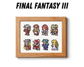 Puede incluir: Un bordado de punto de cruz enmarcado con personajes de Final Fantasy III. Los personajes de pixel art visten atuendos coloridos. El marco es de madera clara. El texto "FINAL FANTASY III" está en la parte superior.