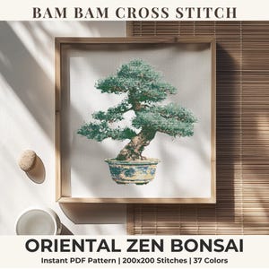 May include: A cross stitch pattern titled BAM BAM CROSS STITCH ORIENTAL ZEN BONSAI. The design features a detailed green bonsai tree in a blue and white patterned pot. The pattern is listed as an instant PDF with 200x200 stitches and 37 colors.