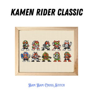 May include: A cross-stitch pattern featuring Kamen Rider Classic characters. The pattern includes 10 different riders, each with their signature colors and designs. The pattern is framed in a light wood frame.