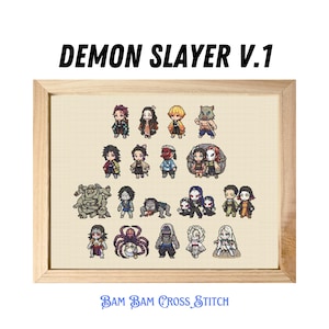 May include: Cross stitch pattern featuring characters from the anime Demon Slayer. The pattern includes Tanjiro, Nezuko, Zenitsu, Inosuke, and other characters. The pattern is titled "Demon Slayer V.1" and is by Bam Bam Cross Stitch.