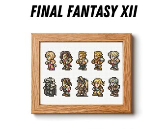 Puede incluir: Un punto de cruz enmarcado con personajes de Final Fantasy XII. La obra de arte, en un marco de madera, muestra figuras pixeladas con varios atuendos. El texto "FINAL FANTASY XII" está encima del marco y "BAM BAM CROSS STITCH" debajo.
