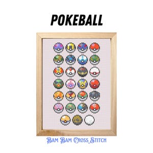 Puede incluir: Un bordado de punto de cruz enmarcado con varios diseños de Poké Ball. La palabra "POKEBALL" se muestra encima de la obra de arte, con "BAM BAM CROSS STITCH" debajo. La obra de arte está sobre un fondo rosa claro, enmarcada en madera clara.