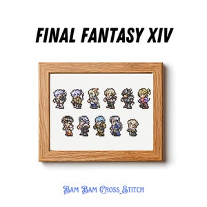Könnte beinhalten: Ein gerahmtes Kreuzstichbild mit pixeligen Charakteren aus Final Fantasy XIV. Die Charaktere sind in zwei Reihen zu je sechs angeordnet, mit verschiedenen Farben und Designs. Der Rahmen ist aus hellbraunem Holz, und der Text "FINAL FANTASY XIV" befindet sich darüber.