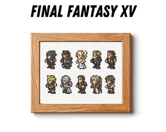 Puede incluir: Un punto de cruz enmarcado con personajes de Final Fantasy XV. La obra de arte incluye figuras pixeladas en un marco de madera, con el texto "FINAL FANTASY XV" arriba y "BAM BAM CROSS STITCH" abajo.