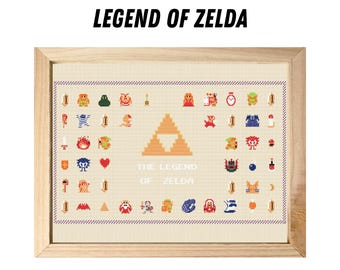 May include: A beige framed cross-stitch pattern featuring characters from the Legend of Zelda video game. The pattern includes the Triforce symbol, Link, and other characters from the game. The text "The Legend of Zelda" is included in the pattern.