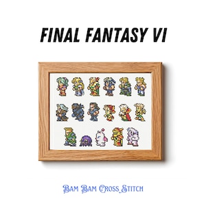 May include: A framed cross-stitch featuring characters from Final Fantasy VI. The artwork is in a wooden frame and includes the text "FINAL FANTASY VI" above the image and "BAM BAM CROSS STITCH" below. The characters are in pixel art style.