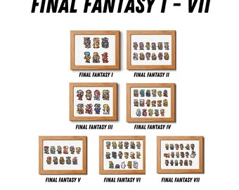 May include: A collection of seven framed cross-stitch artworks, each depicting characters from the Final Fantasy video game series. The frames are light brown, and the text "FINAL FANTASY I - VII" is displayed above. The artist's name, "BAM BAM CROSS STITCH", is at the bottom.