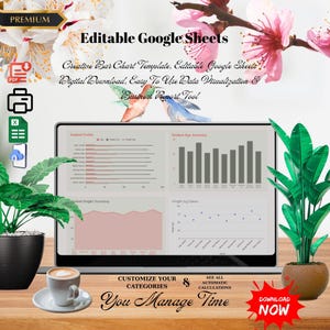 May include: A laptop screen displays a Google Sheets template with charts and graphs. The screen is surrounded by plants, a coffee cup, and text that reads "Editable Google Sheets" and "Business Report Tool." A red "Download Now" button is visible.