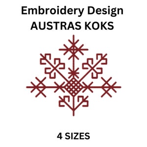 Puede incluir: Diseño de bordado rojo de un copo de nieve estilizado con el texto "AUSTRAS KOKS" y "4 TAMAÑOS".