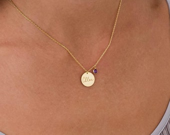 14K Gold Birthstone Disc Name Necklace, Handmade Birthstone Name Necklace, Gold Disc Name Necklace, Personalized Jewelry, Christmas Necklace