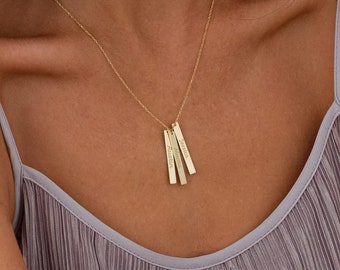 14K Gold Triple Bar Name Necklace, Vertical Name Necklace, Bar Name Necklace, Christmas Gift, Gift for Her, Christmas Jewelry for Women