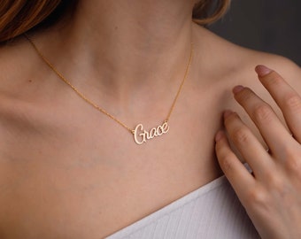 Personalized Name Necklace, 14K Solid Gold Name Pendant, Mothers Day Gift, Minimalist Necklace, Christmas Necklace, Christmas Gift for Her